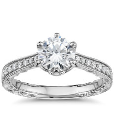 14k 白金六爪手工雕刻鑽石訂婚戒指（1/5 克拉總重量）